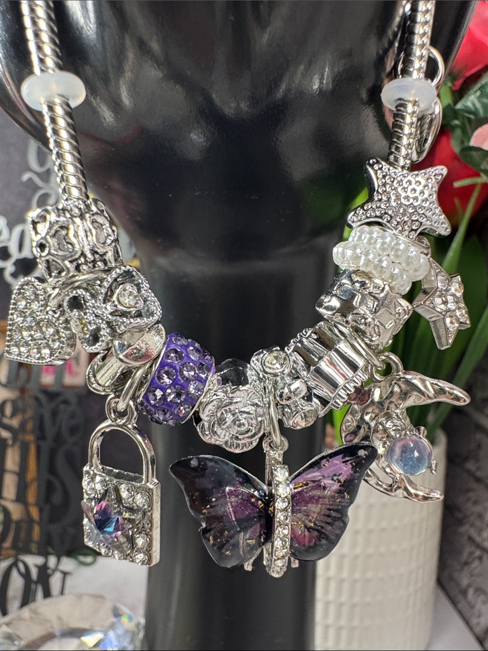 Sterling-Style Silver Charm Bracelet with Purple Butterfly and Accents